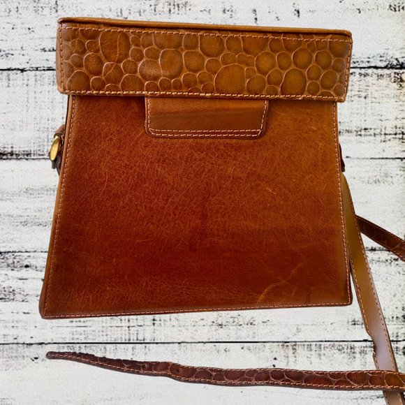Linea Gani Brown Leather Hard Case Handbag Vintage 70's Crossbody Croc Trim - Picture 6 of 15